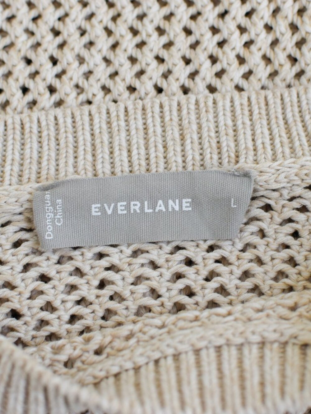 Everlane Mesh Soft Cotton Crew Neck Sweater Tan Beige Open Knit Size L Fisherman - Picture 3 of 10